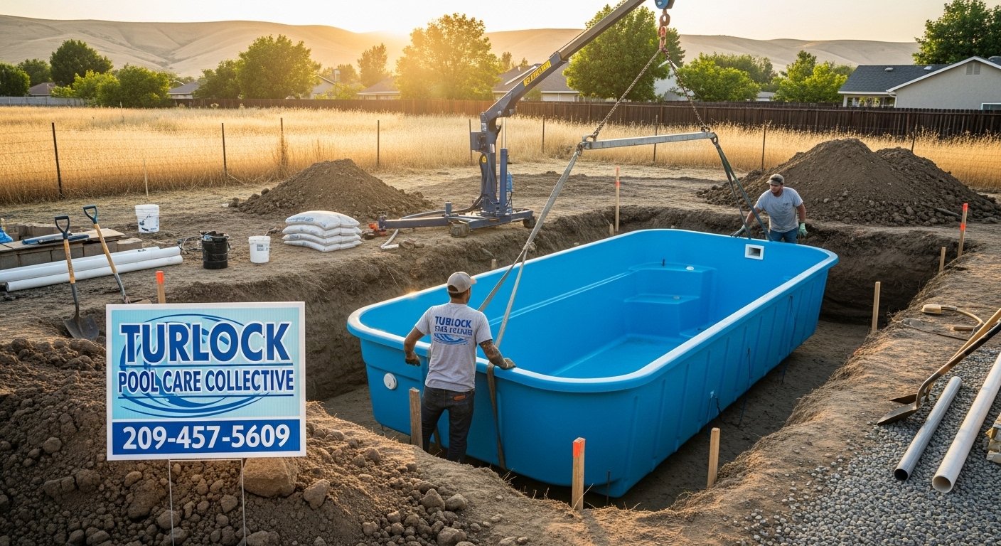 Fiberglass pool installation project in Turlock, CA